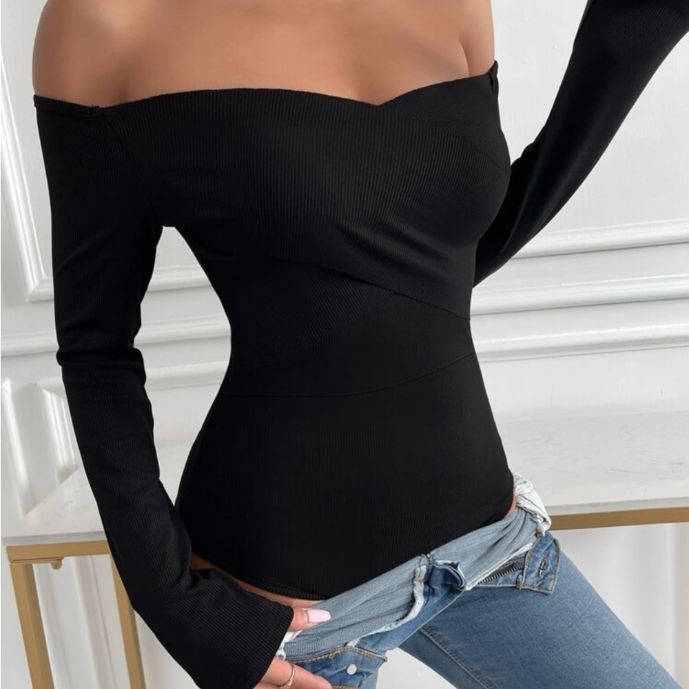 Elegant Black Off Shoulder Rib-knit Bodysuit